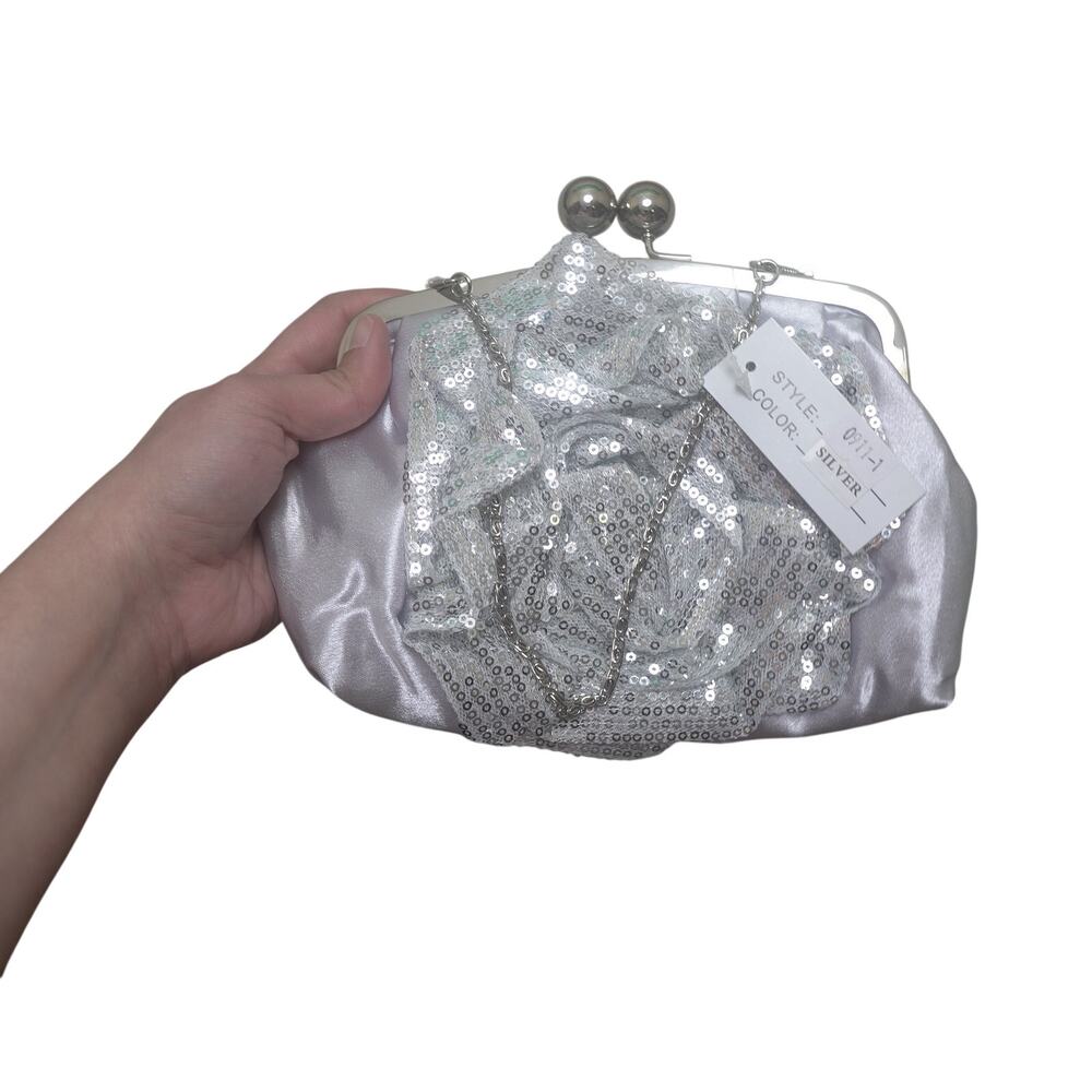 NWT Silver Satin Lace & Sequin Rose Clutch | Kiss Lock Formal Shoulder Bag Glam